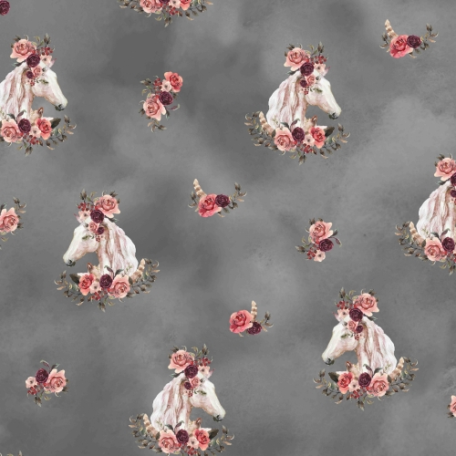 French Terry Digital - Boho Pferde - Grau - Reststück ca. 180 cm