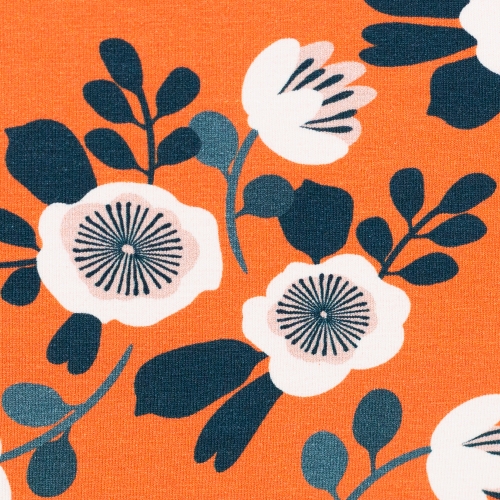Jersey Retro Blumen - Orange - Reststück ca. 175 cm