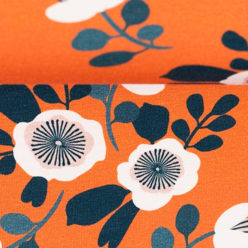 Jersey Retro Blumen - Orange - Reststück ca. 175 cm