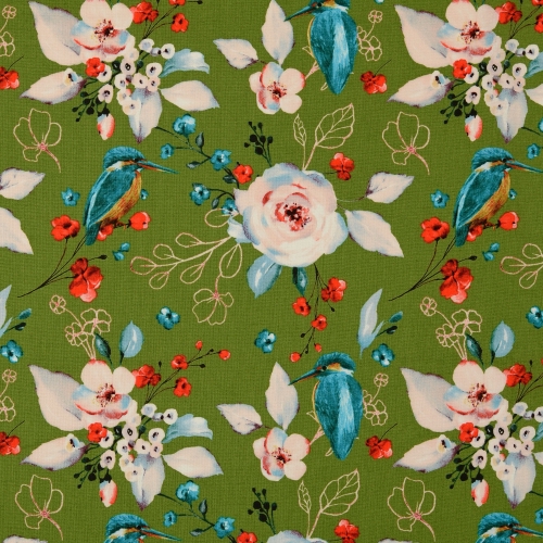 Baumwolle Webware - Eisvogel Blumen by Klaranähta - Grün