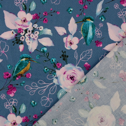 Baumwolle Webware - Eisvogel Blumen by Klaranähta - Blau