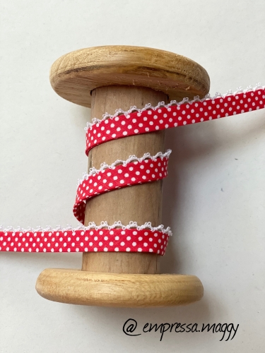 Schrägband mit Häkelborte - Rot/Weiß gepunktet