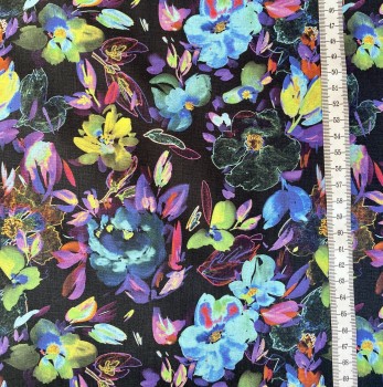 Preview: Baumwolle Popeline Digital Blumen - Schwarz/Blau