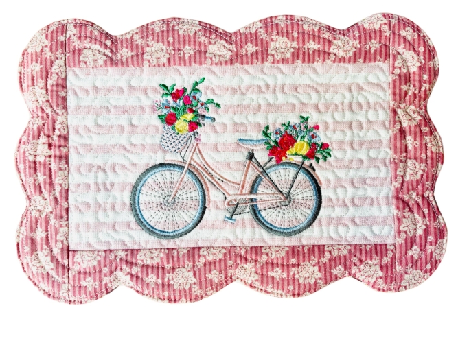 Fahrrad Mug Rug - gequiltetes Platzdeckchen - Tilda Old Rose Stripes