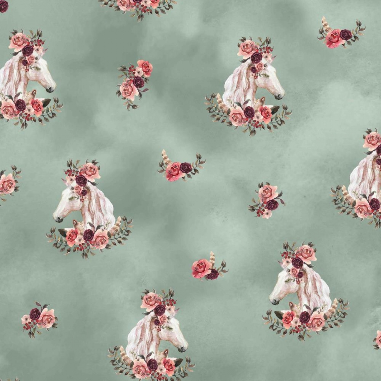 French Terry Digital - Boho Pferde - Grün