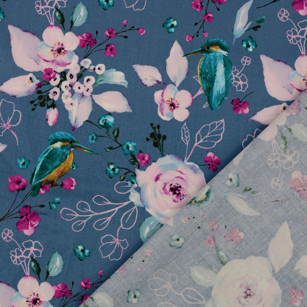 Baumwolle Webware - Eisvogel Blumen by Klaranähta - Blau