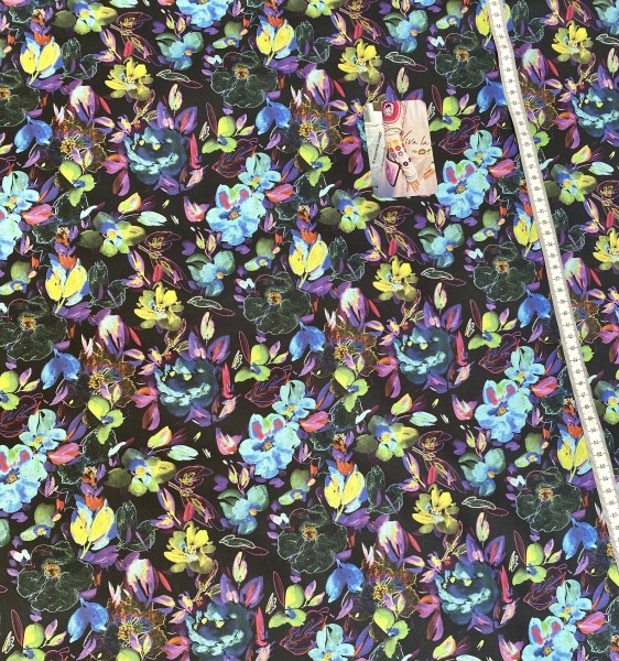 Baumwolle Popeline Digital Blumen - Schwarz/Blau