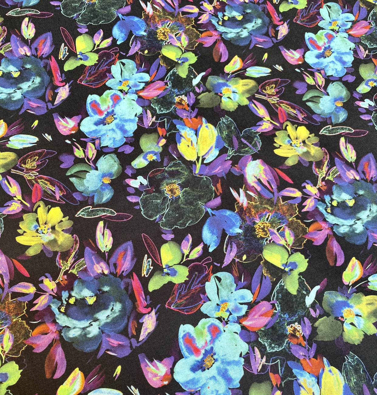 Baumwolle Popeline Digital Blumen - Schwarz/Blau