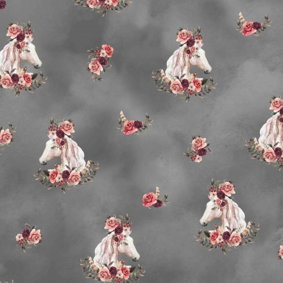 French Terry Digital - Boho Pferde - Grau - Reststück ca. 180 cm