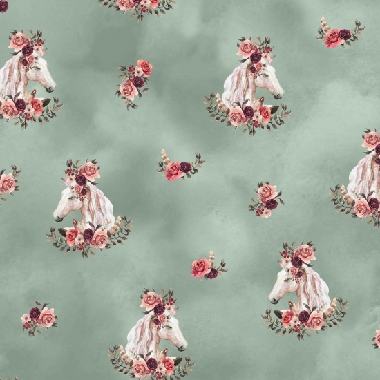 French Terry Digital - Boho Pferde - Grün