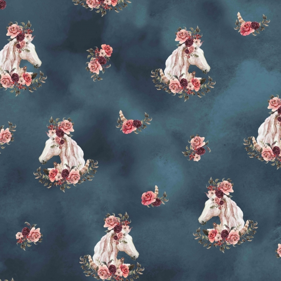 French Terry Digital - Boho Pferde - Blau
