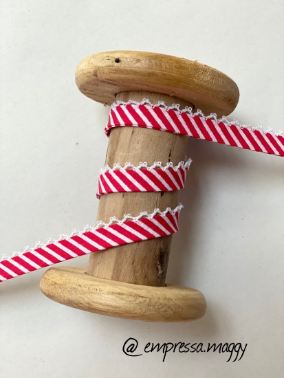 Schrägband mit Häkelborte - Rot/Weiß gestreift
